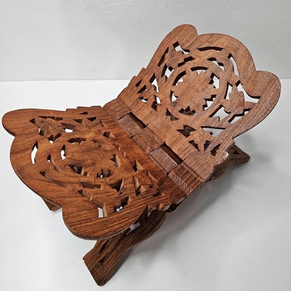 Hand Carved Wooden Book Holder Cookbook Stand Countertop Bohemian Boho India - Picture 2 of 12